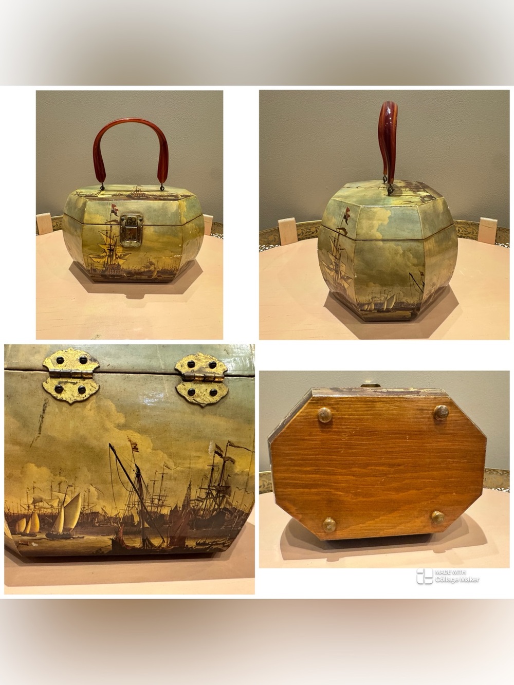 Vintage 1960s  Decoupage Wood Box Purse Nautical Maritime Ship Lucite Handle